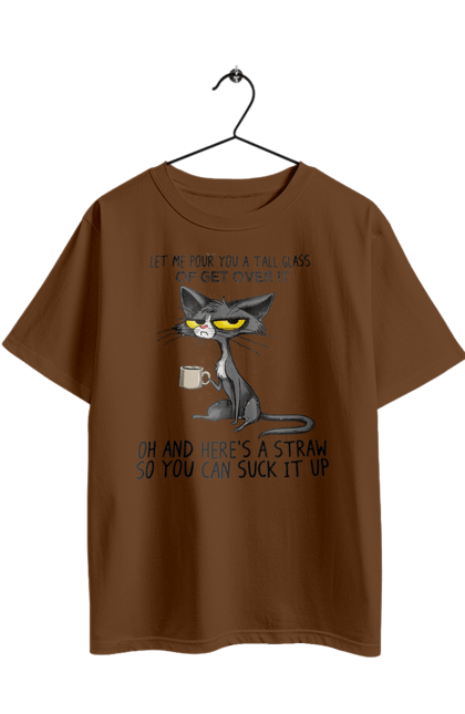 Футболка оверсайз з принтом "Як це пережити?". Велика склянка, випий, все відмінно, йди нахуй, кіт і кухоль, налий, роздум, смоктати, як це подолати. 2070702