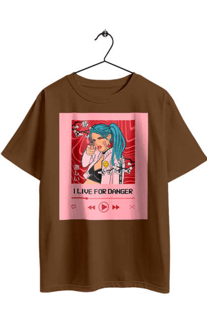 Футболка оверсайз с принтом I Live For Danger. Аниме, музыка, пистолет, проигрыватель. 2070702