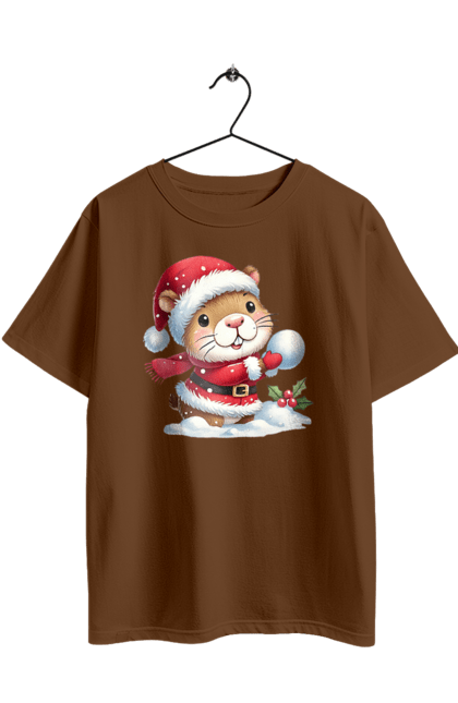 Футболка оверсайз з принтом "Капібара грає у сніжки". Гра, капібара, новий рік, подарунок, різдво, різдвяна капібара, санта, свято, сніжки, тварина. 2070702