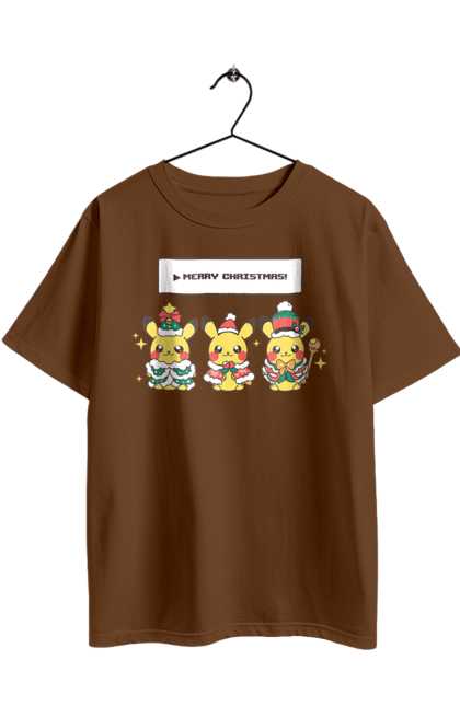 Футболка оверсайз с принтом Пикачу Счастливого Рождества. Christmas, merry christmas, nintendo, pikachu, pokemon, аниме, игра, пикачу, покемон, рождество. 2070702