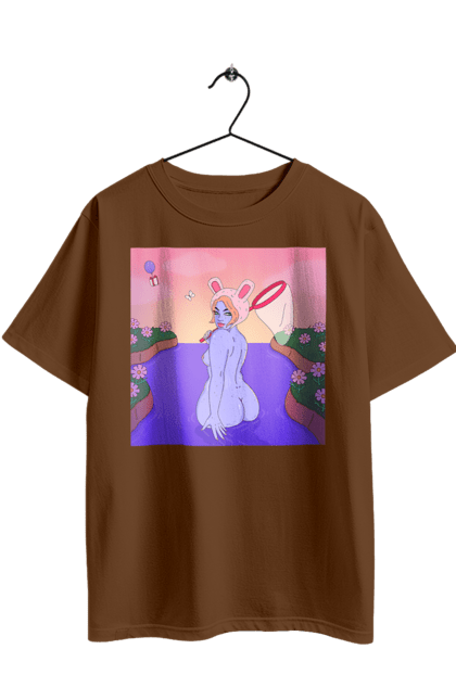 Футболка оверсайз з принтом "Фіолетова Дівчина На Полюванні". Гола, дівчина, сачок. 2070702