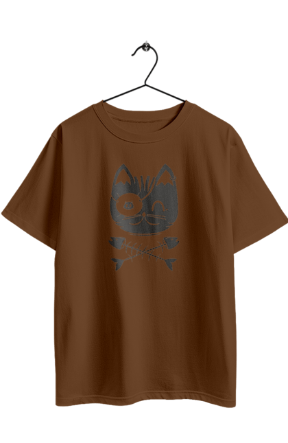 Футболка оверсайз с принтом Кот пират. Animals, bones, cat, cool drawing, cute pictures, fish, pirates, skull, аниме, животное, животные, кит, кости, кот, кот пират, крутой рисунок, милые рисунки, мультики, пираты, рыба, череп, черный кот. 2070702