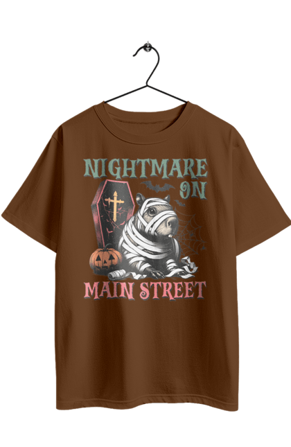 Футболка оверсайз з принтом "Капібара Хелловін". Capybara, halloween, водосвинка, гарбуз, гризун, капібара, мумія, свято, тварина, хелловін. 2070702