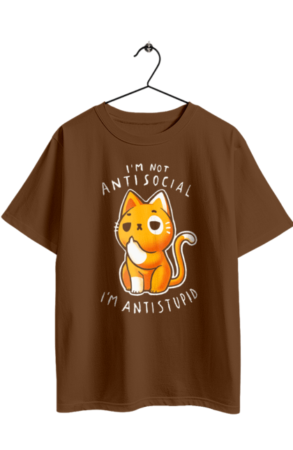 Футболка оверсайз з принтом "Не антисоціальний, а антидурний". Антидурний, антисоціал, гумор, іронія, кіт, мем, прикол, сарказм, хейт, цинізм. 2070702