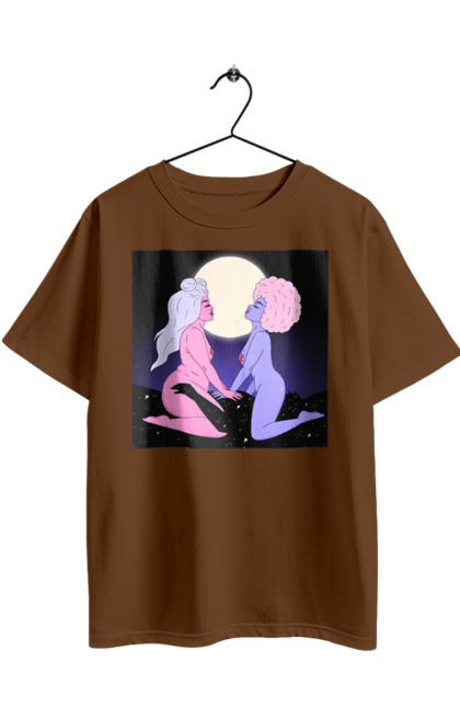 Футболка оверсайз з принтом "Дві Інопланетянки І Місяць". Дівчата, зверху, інопланетянки. 2070702