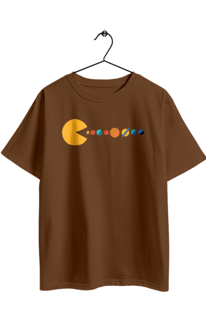 Футболка оверсайз з принтом "Pac Man Planets". Atari, namco, pac man, аркадна відеогра, відеогра, комп`ютерна гра, космос, лабіринт, планети, сонячна система. 2070702