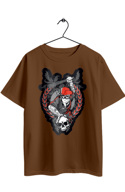 Oversized t-shirt with prints Skeleton with a bat. Bit, bones, cap, gang, nails, scull, skeleton, tattoo, teeth. 2070702