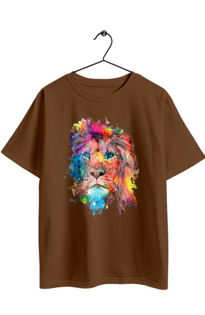 Футболка оверсайз з принтом "Лев із фарби". Барвистий лев, індійський лев, лев, лев та холі, розмальовка, святковий лев, фарби, холи. 2070702