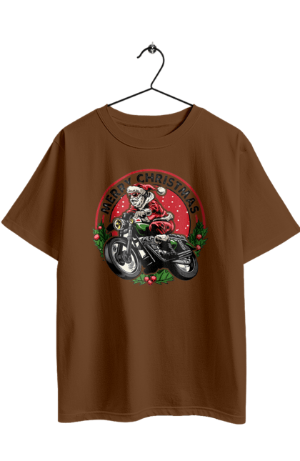 Футболка оверсайз з принтом "Щасливого Різдва, дід мороз на мотоциклі". 2022, дід мороз, зима, мотоцикл, новий рік, подарунки, різдво, санта, сніг. 2070702