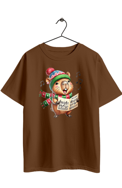 Футболка оверсайз з принтом "Капібара співає різдвяні пісні". Капібара, музика, новий рік, подарунок, різдво, різдвяна капібара, санта, свято, тварина, хор. 2070702