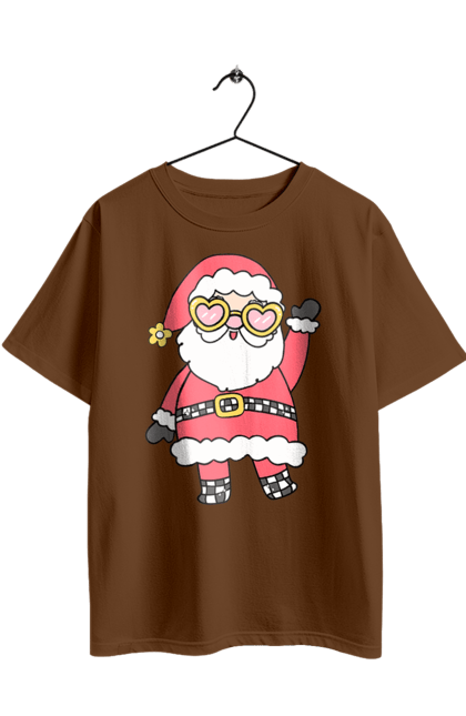 Oversized t-shirt with prints Santa Claus with glasses. Christmas decor, christmas print, festive mood, new year, santa claus, winter holidays. 2070702