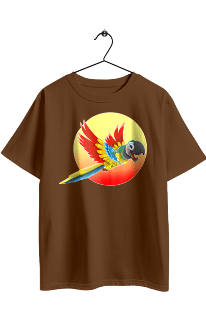 Футболка оверсайз с принтом Попугай На Фоне Солнца. Ара, в полете, веселый, диск, жара, жарко, желтый, красный, круг, крылья, летает, лето, оранжевый, отдых, отпуск, перья, полет, попугай, попугайчик, птица, разноцветный, солнечно, солнце, тепло, тропики, цветной. 2070702