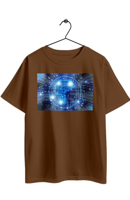 Футболка оверсайз з принтом "Штучний інтелект". Айті, айтішник, гік, знання, інженер, інтелект, кібер, кібернетика, кіборг, код, комп, комп`ютерник, кристал, машинне навчання, мікросхема, мозок, портрет, програміст, професіонал, професія, розробник, розум, хакер, чіп, штучний інтелект, штучний розум. 2070702