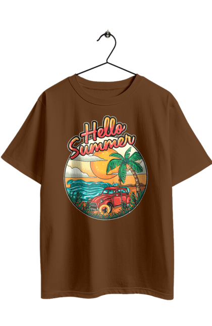 Футболка оверсайз з принтом "Привіт Літо, Машина Біля Моря". Літо, машина, острів, пальма, пляж. 2070702