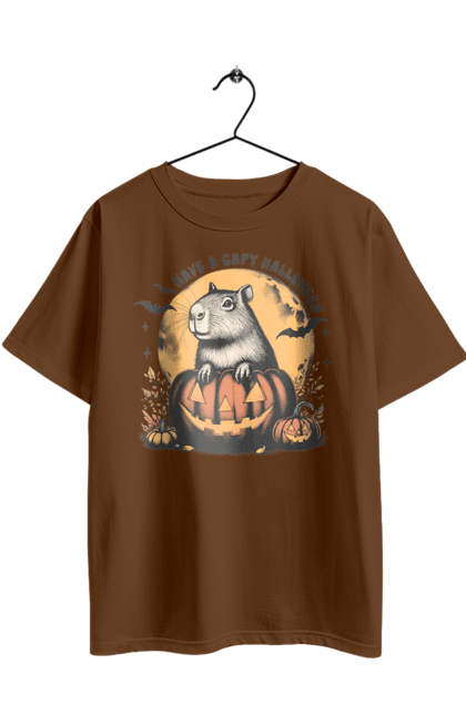 Футболка оверсайз з принтом "Капібара Хелловін". Capybara, halloween, водосвинка, гарбуз, гризун, капібара, місяць, свято, тварина, хелловін. 2070702