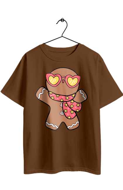 Oversized t-shirt with prints Gingerbread with glasses. Christmas, christmas decor, christmas print, cookie, festive mood, gingerbread cookies, new year, sweets, winter holidays. 2070702