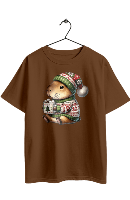 Футболка оверсайз з принтом "Капібара з гарячим шоколадом". Гарячий шоколад, капібара, новий рік, подарунок, різдво, різдвяна капібара, санта, свято, тварина. 2070702