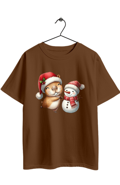 Футболка оверсайз з принтом "Капібара та сніговик". Капібара, новий рік, новорічний подарунок, подарунок, різдво, різдвяна капібара, санта, свято, сніговик, тварина. 2070702