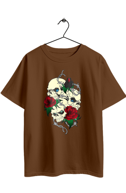 Oversized t-shirt with prints Skulls with roses. Bones, eyes, flowers, leaves, rose flower, roses, scull, spikes, teeth. 2070702