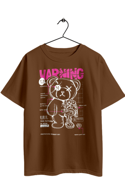 Oversized t-shirt with prints Robot bear. Attention, bear, details, robot, toy, warning. 2070702
