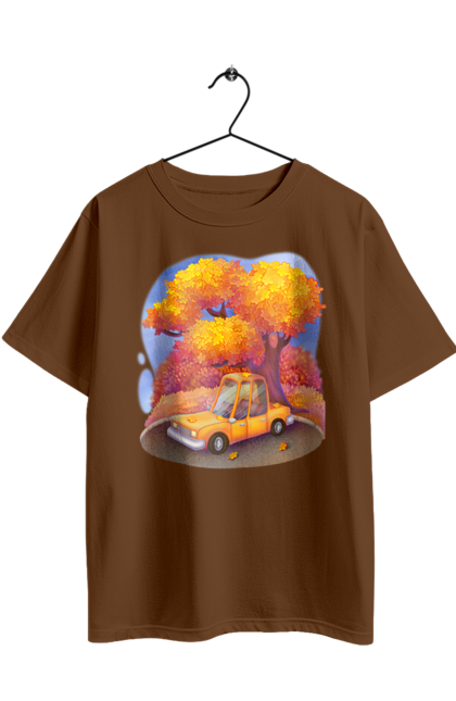 Футболка оверсайз з принтом "Осiнь Авто Дерево". Дерево, жовтий мила ілюстрація, машина, осінь, помаранчевий. 2070702