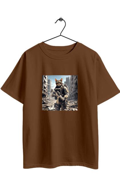 Футболка оверсайз з принтом "Кіт десантник". Бронежилет, війна, військовий, гвинтівка, захисник, камуфляж, кіт, рушниця. 2070702