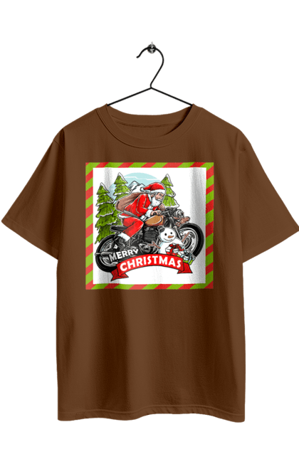 Футболка оверсайз з принтом "Санта на мотоциклі". Мотоцикл, новий рік, подарунки, різдво, санта, сніговик, ялинка. 2070702