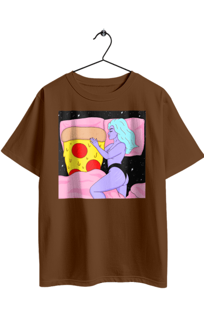 Oversized t-shirt with prints Purple Girl And Pizza. Bed, girl, pizza. 2070702
