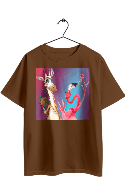 Oversized t-shirt with prints Giraffe And Flamingo At The Party. Cocktail, flamingo, food, giraffe. 2070702