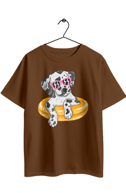 Oversized t-shirt with prints Dalmatian Swims In A Circle. Dalmatian, dog, glasses, to swim. 2070702