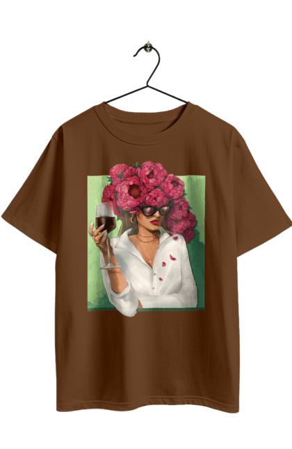 Футболка оверсайз з принтом "Дівчина з півоніями та келихом". Вино, дівчина, квітка, келих, літо, окуляри, півонії, сорочка. 2070702