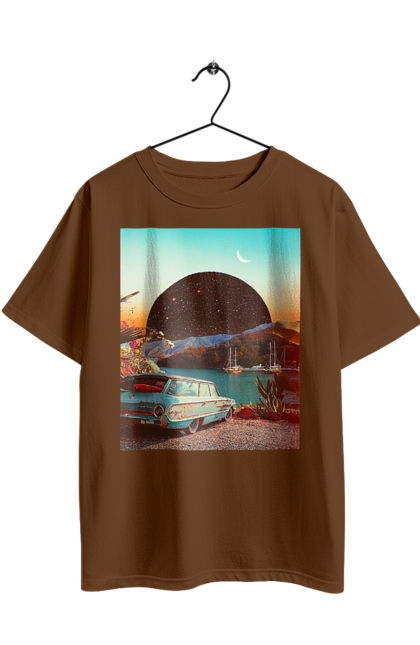 Футболка оверсайз з принтом "Картина, машина біля річки". Картина, машина, планета, прикол, ретро, річка. 2070702