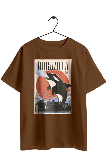 Oversized t-shirt with prints Orcazilla. Cartoon style design, graphic, japan print, japanese, japanese art, japanese poster, japanese poster orca, ocean wildlife, orca, orcazilla. 2070702