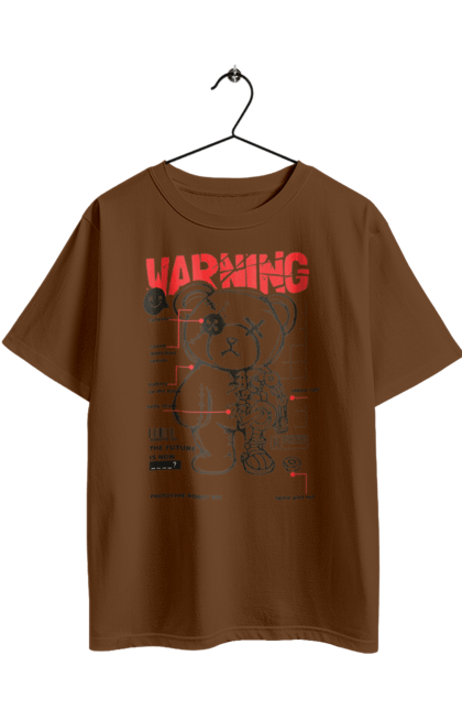 Oversized t-shirt with prints Robot bear. Attention, bear, details, robot, toy, warning. 2070702