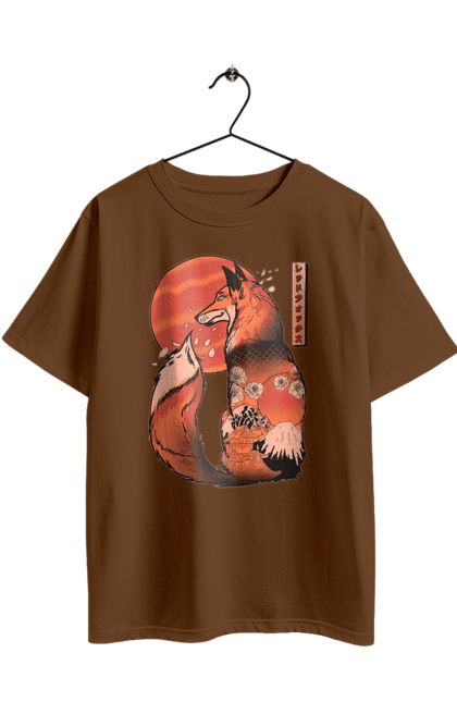 Oversized t-shirt with prints Kitsune. Animal, cherry blossoms, flowers, fox, great wave, japan, japanese, kitsune, mount fuji, red fox. 2070702