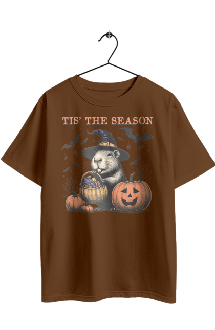 Футболка оверсайз з принтом "Капібара Хелловін". Capybara, halloween, відьма, водосвинка, гарбуз, гризун, капібара, свято, тварина, хелловін. 2070702