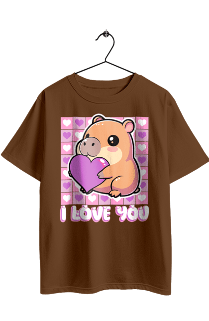 Футболка оверсайз з принтом "Закохана капібара". I love you, валентинка, день святого валентина, капибара, кохання, милі тварини, пара капібар, романтика, романтичний подарунок, серця. 2070702