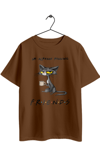 Футболка оверсайз з принтом "Друзі, вже біжу". Вже біжу, відвали, друзі, йди нахуй, кіт з чашкою, не вчіть жити, пародія серіал, сам собі друг, самотність сука, серіал кіт. 2070702