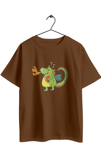 Футболка оверсайз з принтом "Закоханий дракон". Вогонь, дракон, зелений дракон, любов, новий рік, серце, символ 2024. 2070702