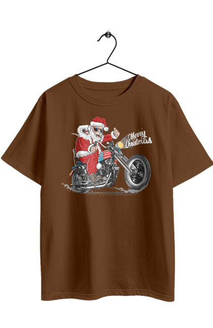 Футболка оверсайз з принтом "Санта в окулярах на мотоциклі". Байкер, дід мороз, зима, мотоцикл, новий рік, різдво, санта, санта клаус, сніг, щасливого різдва. 2070702