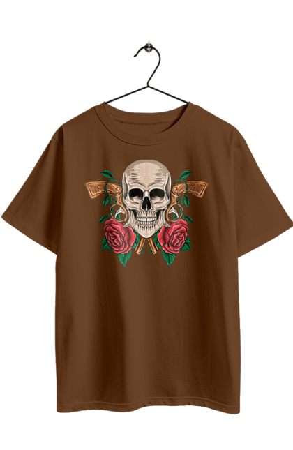Oversized t-shirt with prints Skull with roses. Bones, eyes, flowers, gun, leaves, rose flower, scull, spikes, teeth. 2070702