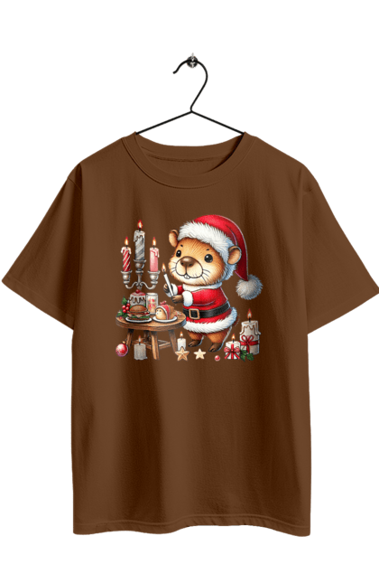 Футболка оверсайз з принтом "Капібара та різдвяна вечеря". Капібара, новий рік, новорічний подарунок, подарунок, різдво, різдвяна вечеря, різдвяна капібара, санта, свято, тварина. 2070702