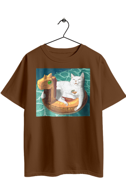 Футболка оверсайз з принтом "Білий кіт у плавальному колі, на відпочинку". Басейн, відпочинок, кіт, коктейль, море, плавальний круг. 2070702