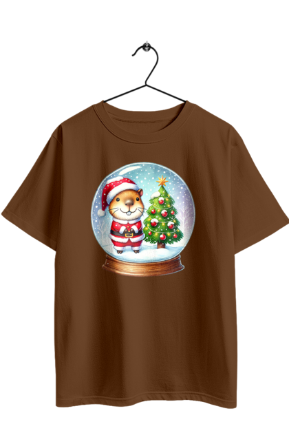 Футболка оверсайз з принтом "Різдвяна капібара з ялинкою". Капібара, новий рік, новорічний подарунок, подарунок, різдво, різдвяна капібара, санта, свято, тварина, ялинка. 2070702