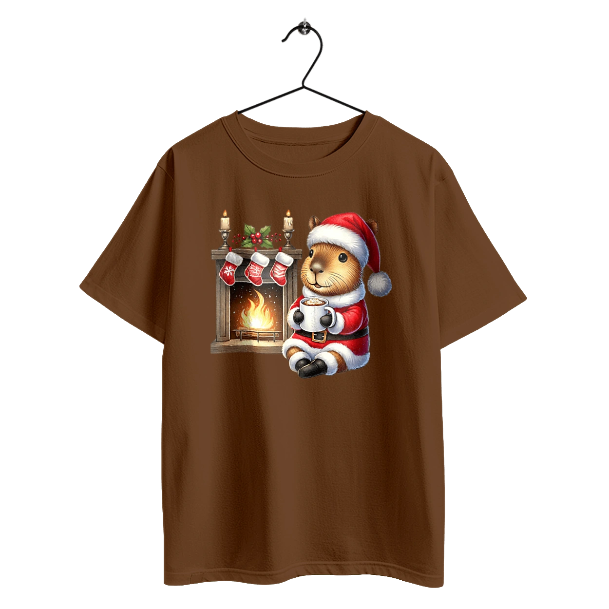 Capybara by the fireplace with hot chocolate