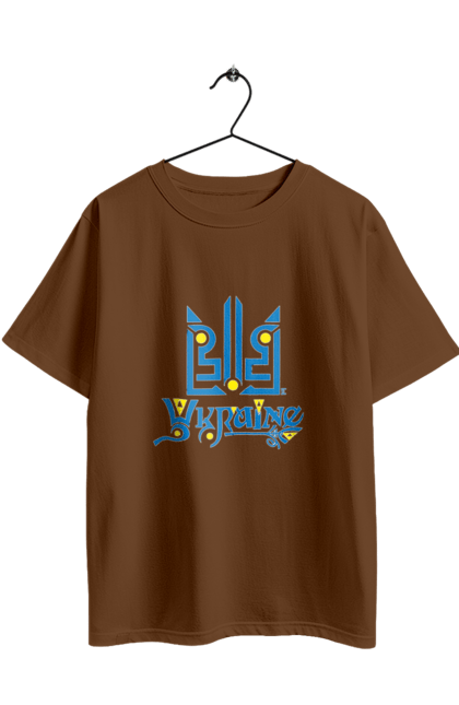 Футболка оверсайз з принтом "Україна та тризуб темний фон". Sarabeevart, день незалежності, друк, купити, патріотична, слава україні, тризуб, україна. 2070702