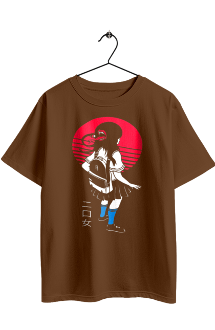 Футболка оверсайз с принтом Девушка с двумя ртами. Губы, девушка, рот, ужастик, школьница, язык, япония. 2070702