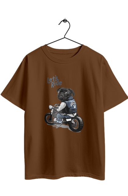 Футболка оверсайз з принтом "Мопс на мотоциклі". Байкер, мопс, мотоцикл, собака, тварини. 2070702