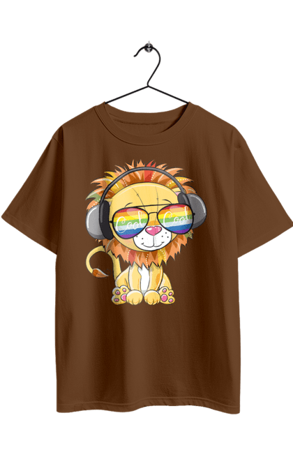 Oversized t-shirt with prints Lion In Glasses And Headphones. Glasses, headphones, lion cub. 2070702