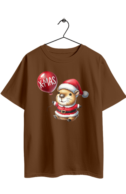 Футболка оверсайз з принтом "Різдвяна капібара". Актуальне, капібара, новий рік, новорічний подарунок, повітряна куля, подарунок, різдво, різдвяна капібара, санта, свято, тварина. 2070702